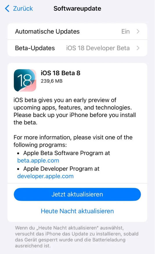 峰峰矿苹果手机维修分享苹果 iOS / iPadOS 18 开发者预览版 Beta 8 发布 